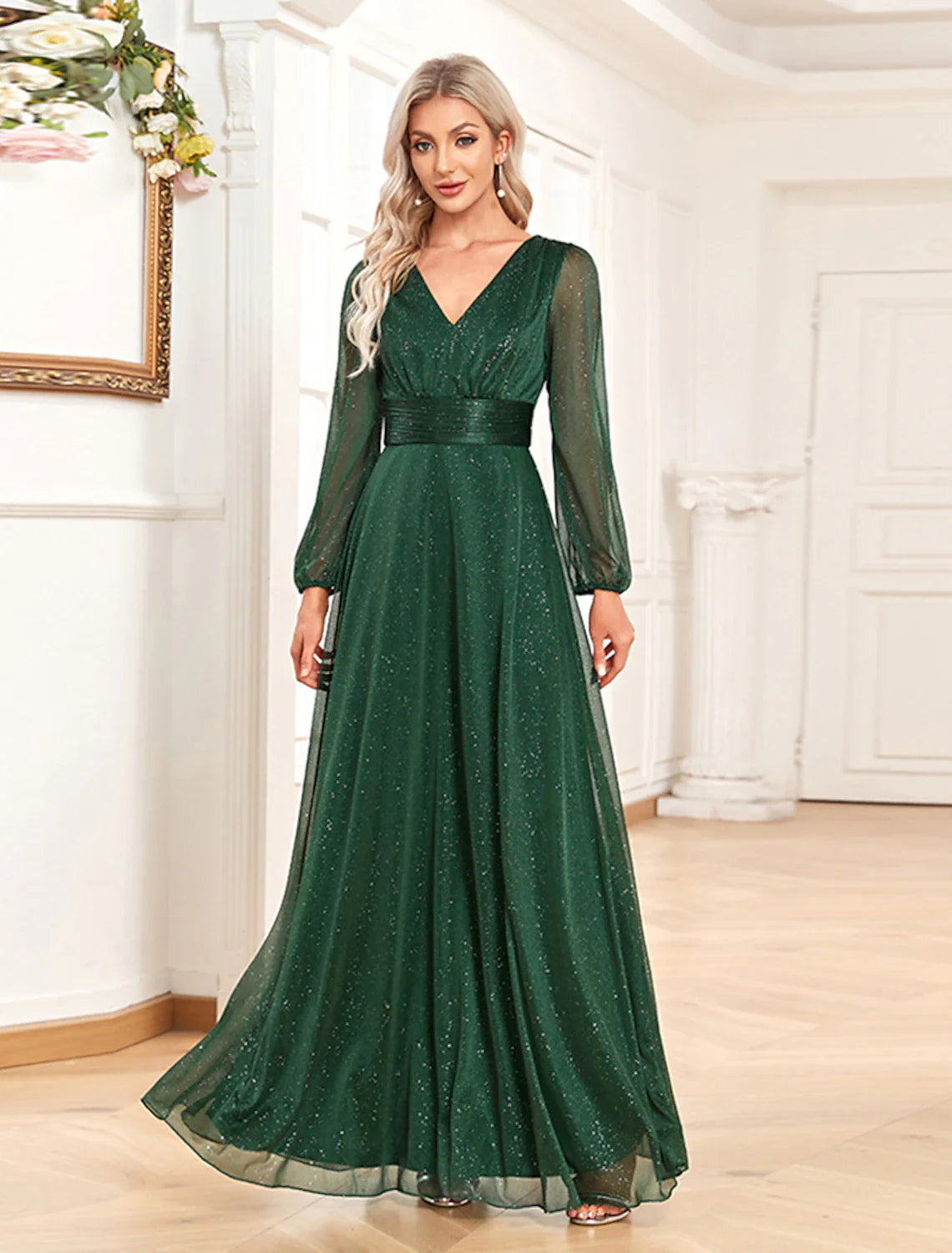 Aimishang  A-Line Evening Gown Sparkle & Shine Dress Formal Wedding Party Dress Floor Length Long Sleeve V Neck Chiffon with Sequin