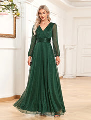 Aimishang  A-Line Evening Gown Sparkle & Shine Dress Formal Wedding Party Dress Floor Length Long Sleeve V Neck Chiffon with Sequin