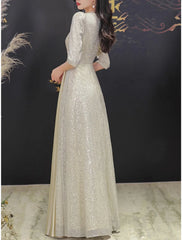 A-Line Mother of the Bride Dress Wedding Guest Elegant Sparkle & Shine Petite V Neck Sweep / Brush Train Sequined Half Sleeve with Pleats Crystal Brooch