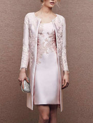 Two Piece Sheath / Column Mother of the Bride Dress Fall Wedding Guest Dresses Church Plus Size Elegant Scoop Neck Knee Length Satin Lace Sleeveless Wrap Included Jacket Dresses with Appliques