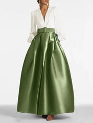 A-Line Evening Gown High Split Wedding Guest Dress Formal Fall Floor Length Long Sleeve V Neck Belt / Sash Satin with Pleats Slit