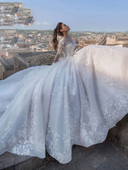 Engagement Sexy Fall Formal Wedding Dresses Ball Gown V Neck Long Sleeve Chapel Train Lace Bridal Gowns With Appliques