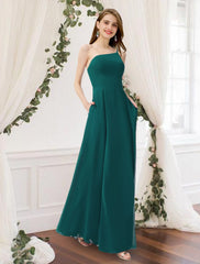 A-Line Bridesmaid Dress One Shoulder Sleeveless Elegant Floor Length Chiffon with Pleats