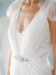 A Line V neck Cap Sleeves White Long Lace Wedding Dress, Wedding Prom Gowns