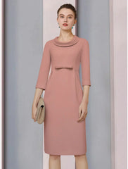 Aimishang  A-Line Mother of the Bride Dress Wedding Guest Elegant Petite Jewel Neck Knee Length Satin 3/4 Length Sleeve with Bow(s) Ruching Solid Color