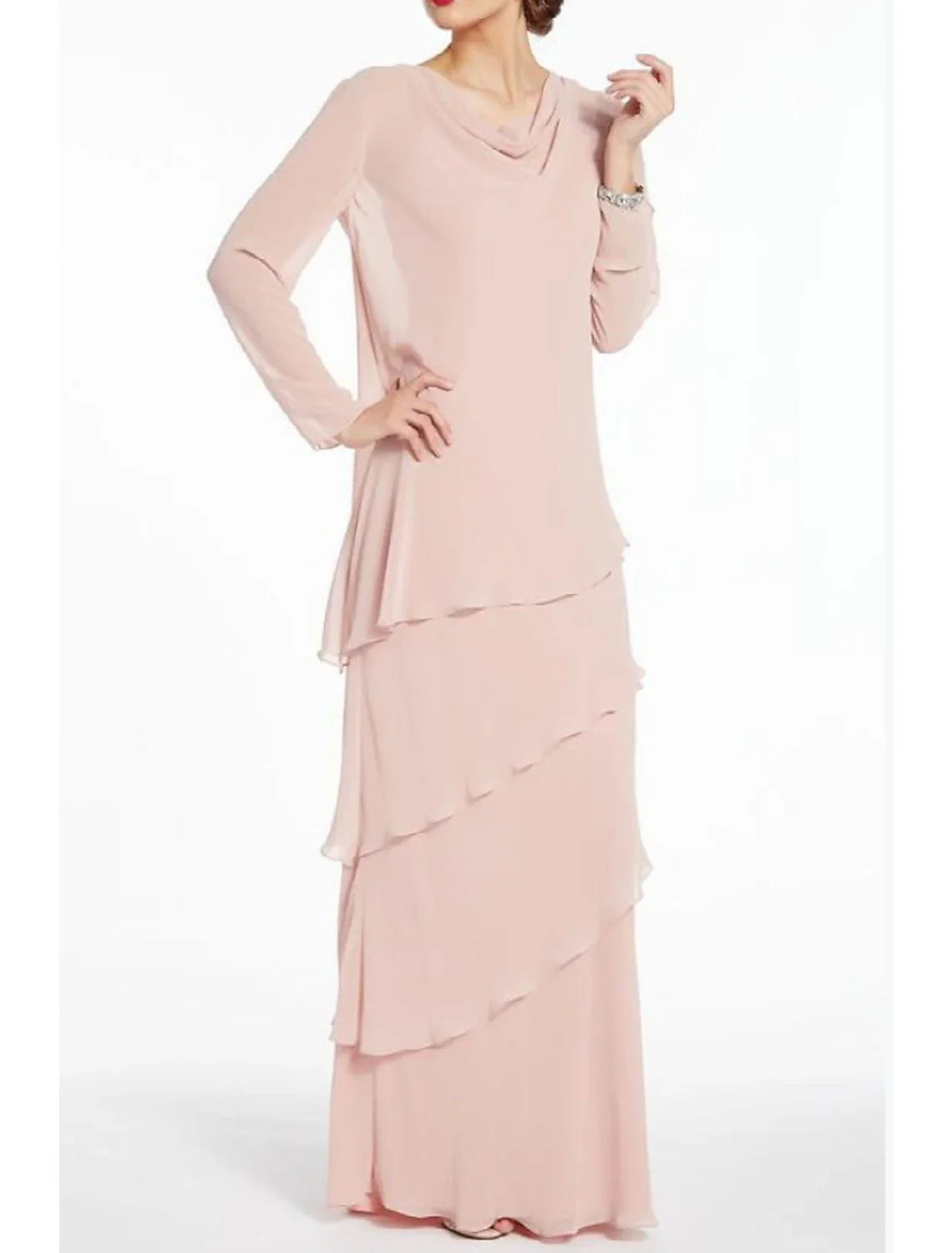 Sheath / Column Mother of the Bride Dress Elegant Jewel Neck Floor Length Chiffon Long Sleeve with RufflesSheath / Column Mother of the Bride Dress Elegant Jewel Neck Floor Length Chiffon Long Sleeve with Ruffles