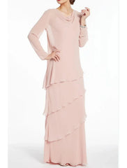Sheath / Column Mother of the Bride Dress Elegant Jewel Neck Floor Length Chiffon Long Sleeve with RufflesSheath / Column Mother of the Bride Dress Elegant Jewel Neck Floor Length Chiffon Long Sleeve with Ruffles