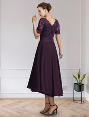 A-Line Mother of the Bride Dress Wedding Guest Elegant V Neck Floor Length Chiffon Lace Short Sleeve with Appliques Fall