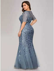 Aimishang Mermaid / Trumpet Empire Elegant Party Wear Formal Evening Dress Jewel Neck Short Sleeve Floor Length Tulle with Embroidery