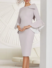 Sheath / Column Mother of the Bride Dress Elegant Vintage Plus Size Jewel Neck Knee Length Stretch Fabric Long Sleeve with Bow(s) Ruffles