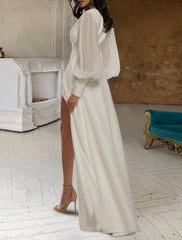 Wholesale Hall Casual Wedding Dresses A-Line V Neck Long Sleeve Floor Length Chiffon Bridal Gowns With Split Front Solid Color