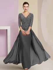 Aimishang  Sheath / Column Mother of the Bride Dress Formal Wedding Guest Elegant V Neck Floor Length Chiffon Lace 3/4 Length Sleeve with Appliques