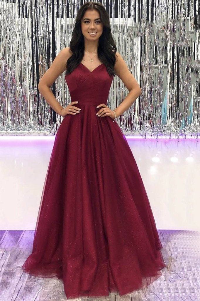 Simple v neck tulle burgundy long prom dress burgundy evening dress - RongMoon