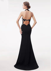 Halter Satin Black Mermaid Evening Prom Dress