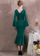 Satin V-neck Green Hi-lo Mermaid Formal Dress With Belt