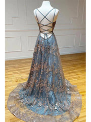 A-line Tulle Straps Sequins Prom Dress Evening Dress with Split, OL592