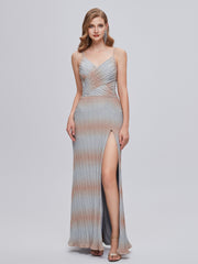 Gray Sequin V Neck Ombre Prom Dress With Slit