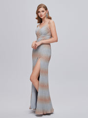 Gray Sequin V Neck Ombre Prom Dress With Slit