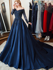 Navy Blue Off the Shoulder Long Sleeves A-line Applique Prom Dress Evening Dress, OL726