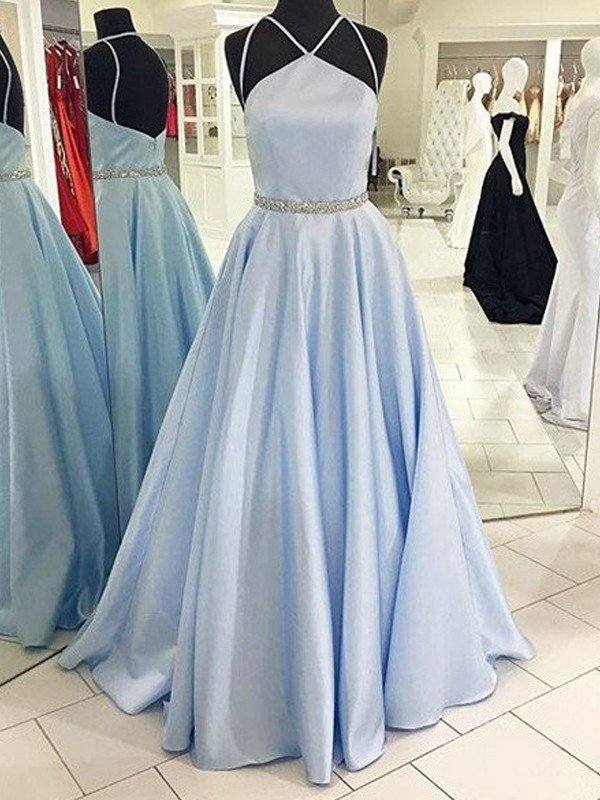 A-Line/Princess Halter Sleeveless Floor-Length Satin Dresses - RongMoon