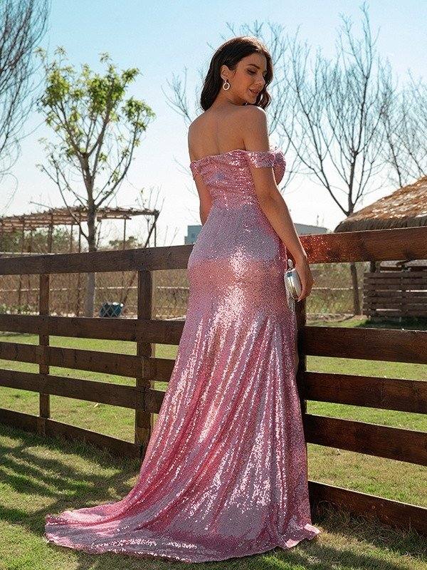 Sheath/Column Sequins Ruffles Off-the-Shoulder Sleeveless Sweep/Brush Train Dresses - RongMoon