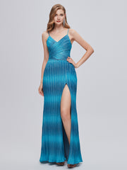 Blue Sequin V Neck A Line Pleats Prom Dress With Slit