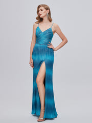 Blue Sequin V Neck A Line Pleats Prom Dress With Slit
