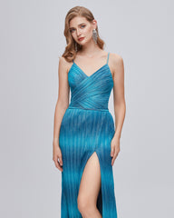 Blue Sequin V Neck A Line Pleats Prom Dress With Slit