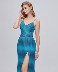 Blue Sequin V Neck A Line Pleats Prom Dress With Slit