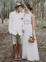 Simple Jewel Long Lace Top Wedding Dress with Bow