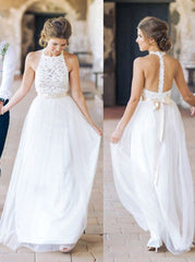 Simple Jewel Long Lace Top Wedding Dress with Bow