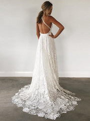 Court Train Lace Beach Straps Backless Wedding Dress
