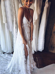 Court Train Lace Beach Straps Backless Wedding Dress