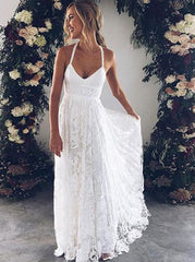 Court Train Lace Beach Straps Backless Wedding Dress