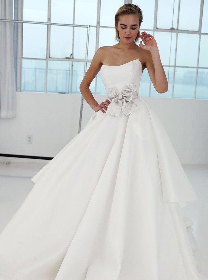 A-Line Strapless Bowknot White Satin Wedding Dress