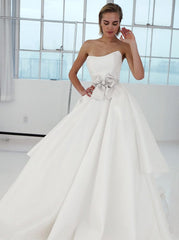 A-Line Strapless Bowknot White Satin Wedding Dress
