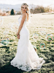 Mermaid V-Neck White Sleeveless White Lace Wedding Dress