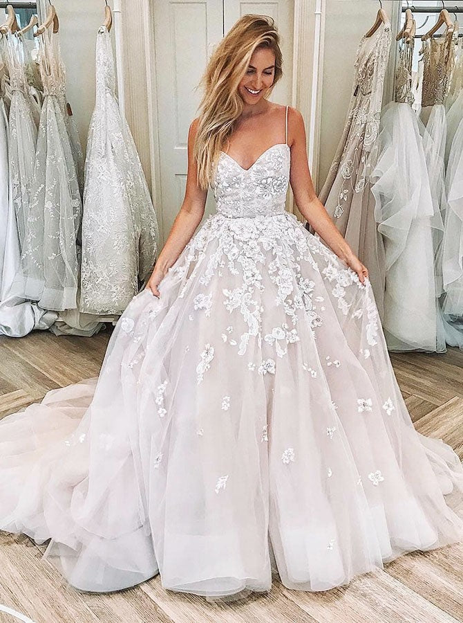 Lace Appliques Spaghetti Straps Blush Tulle Wedding Dress
