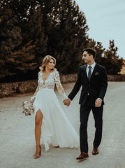 A-Line V-Neck Long Sleeve Appliques Flowers Chiffon Wedding Dress