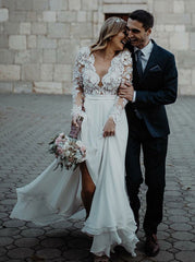 A-Line V-Neck Long Sleeve Appliques Flowers Chiffon Wedding Dress