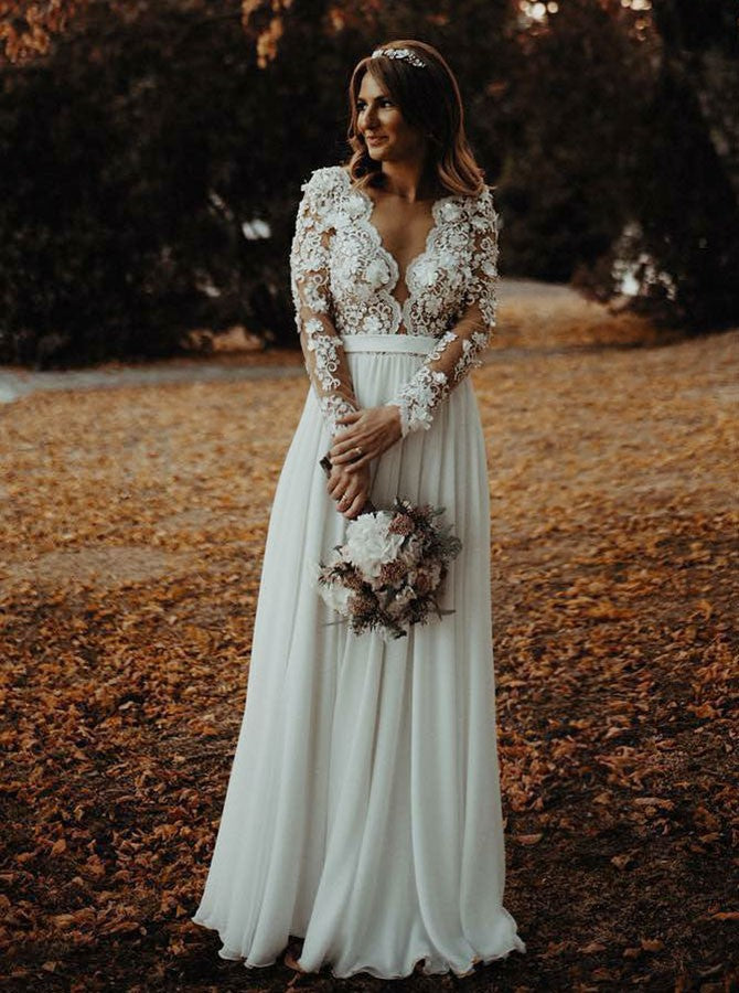 A-Line V-Neck Long Sleeve Appliques Flowers Chiffon Wedding Dress