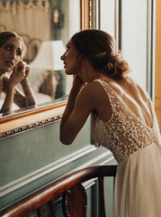 A-Line V-Neck Pearls Low Cut Tulle Wedding Dress