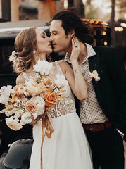 A-Line V-Neck Pearls Low Cut Tulle Wedding Dress