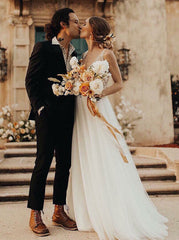 A-Line V-Neck Pearls Low Cut Tulle Wedding Dress
