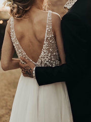 A-Line V-Neck Pearls Low Cut Tulle Wedding Dress