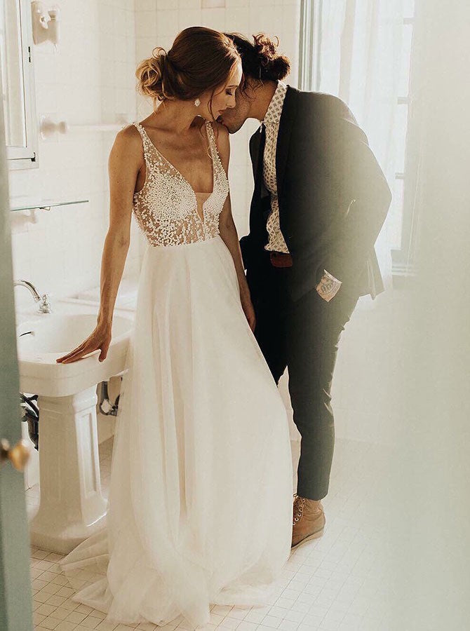 A-Line V-Neck Pearls Low Cut Tulle Wedding Dress
