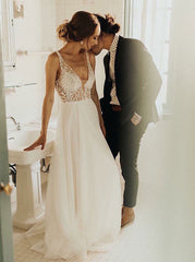 A-Line V-Neck Pearls Low Cut Tulle Wedding Dress