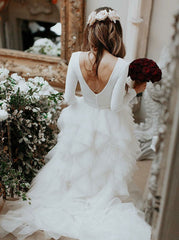 A-Line Long Sleeves Asymmetric Train Tulle Wedding Dress