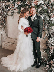 A-Line Long Sleeves Asymmetric Train Tulle Wedding Dress