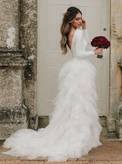 A-Line Long Sleeves Asymmetric Train Tulle Wedding Dress